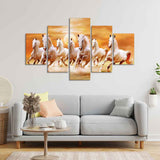 Seven White Running Horses Modern Design Wall Art Canvas Print Panel Wall Painting - 5 Frames