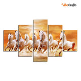 Seven White Running Horses Modern Design Wall Art Canvas Print Panel Wall Painting - 5 Frames