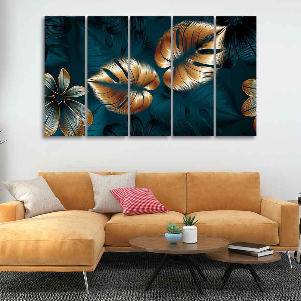Shiny Golden Leaves Floating Canvas Wall Painting Set of Five