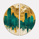 Teal and Golden Abstract Cityscape Semi Circle Frames Set Of 2
