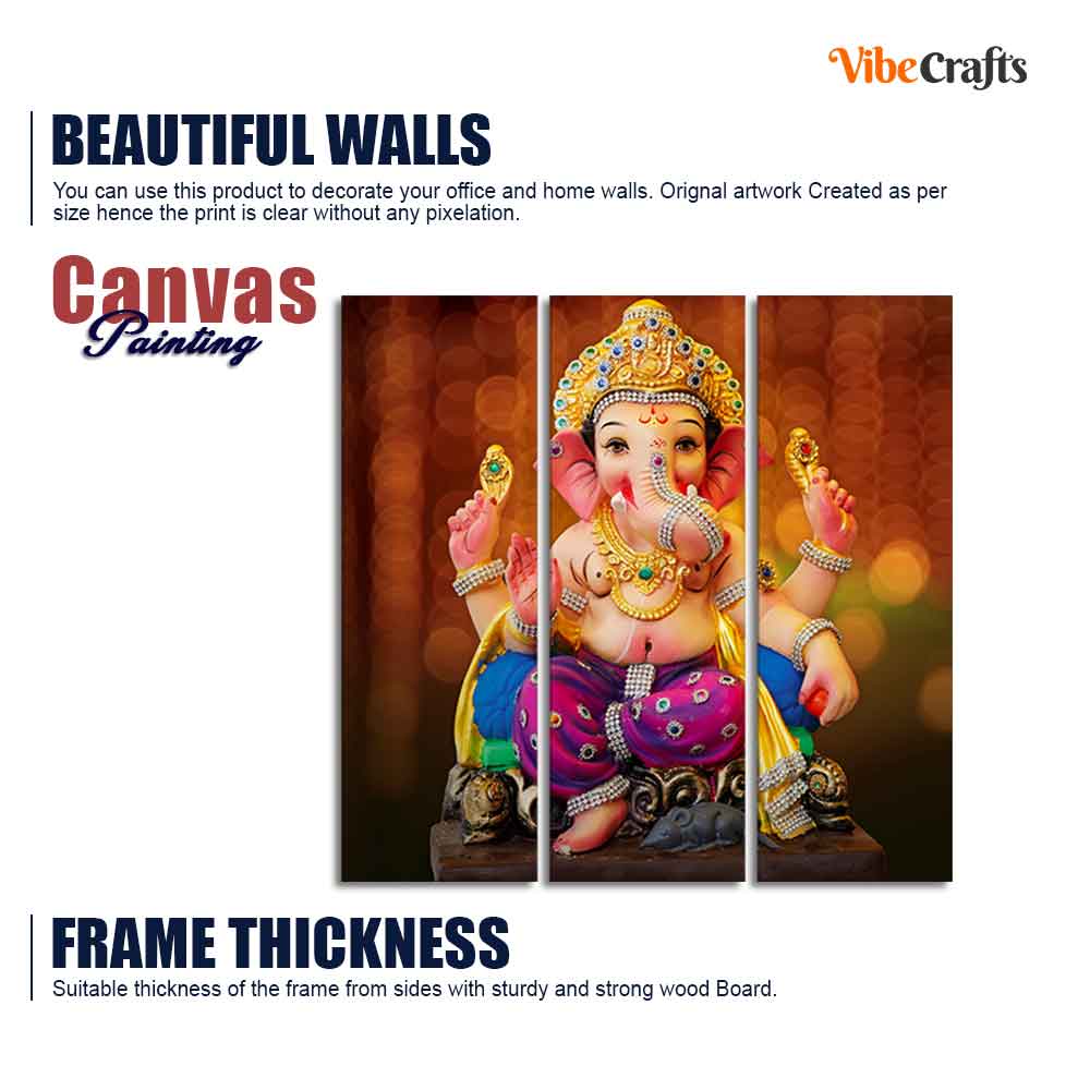 Spiritual God Ganesha Wall Painting of Three Panels