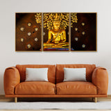 Spiritual Golden Gautam Buddha Floating Canvas Wall Painting Set of Three