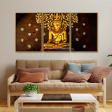 Golden Gautam Buddha Floating Canvas Wall Painting Set of Three