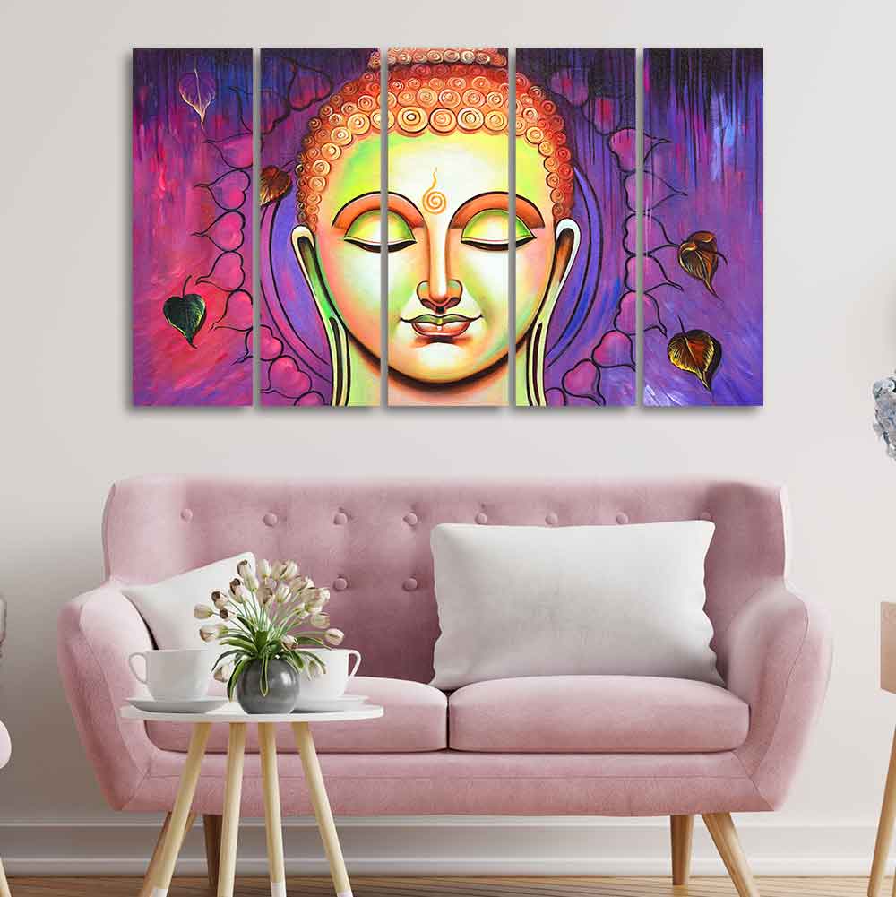 Spiritual Lord Buddha Meditating Wall Painting Five Pieces
