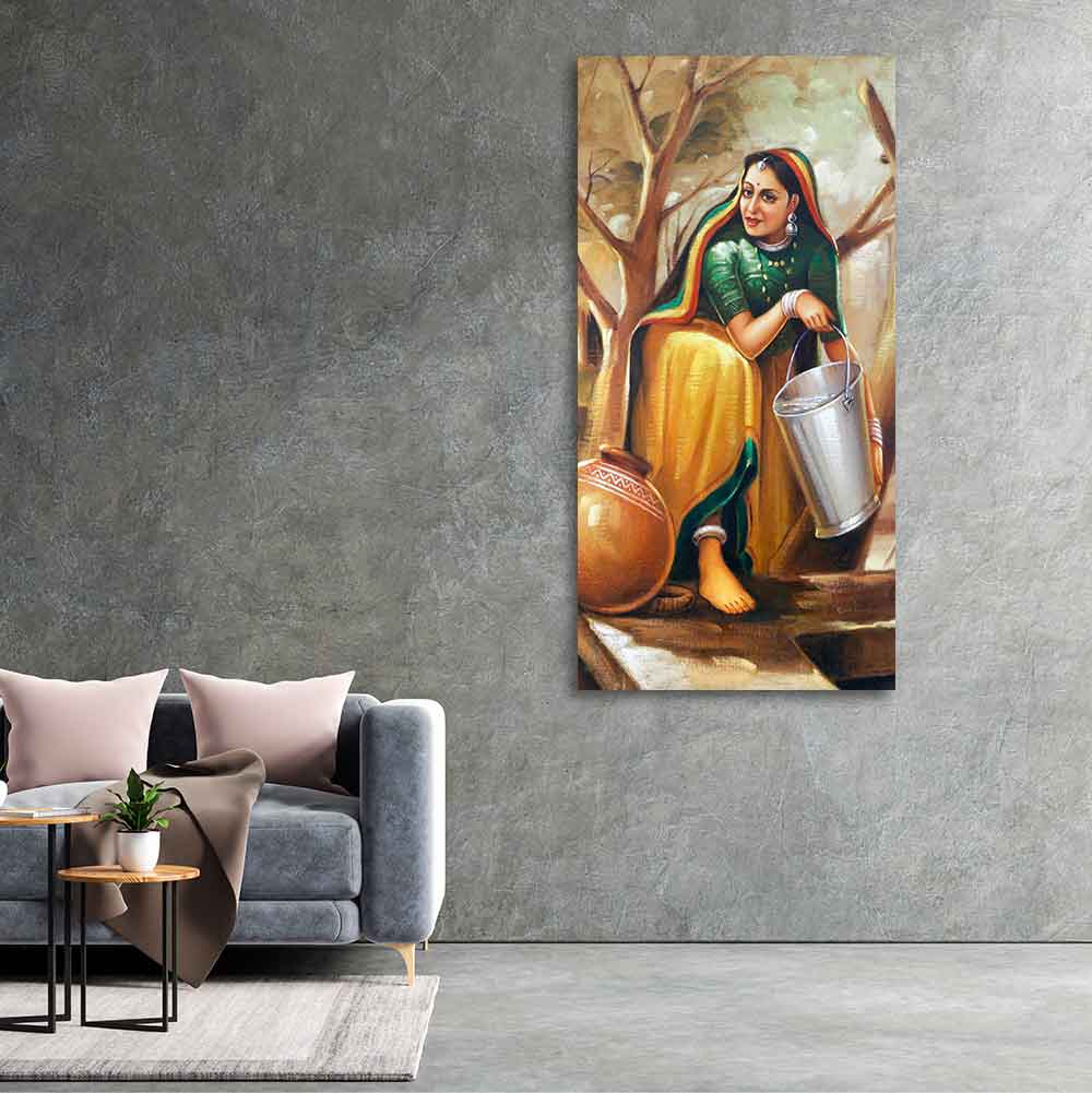 The Village Well Vertical Canvas Wall Painting