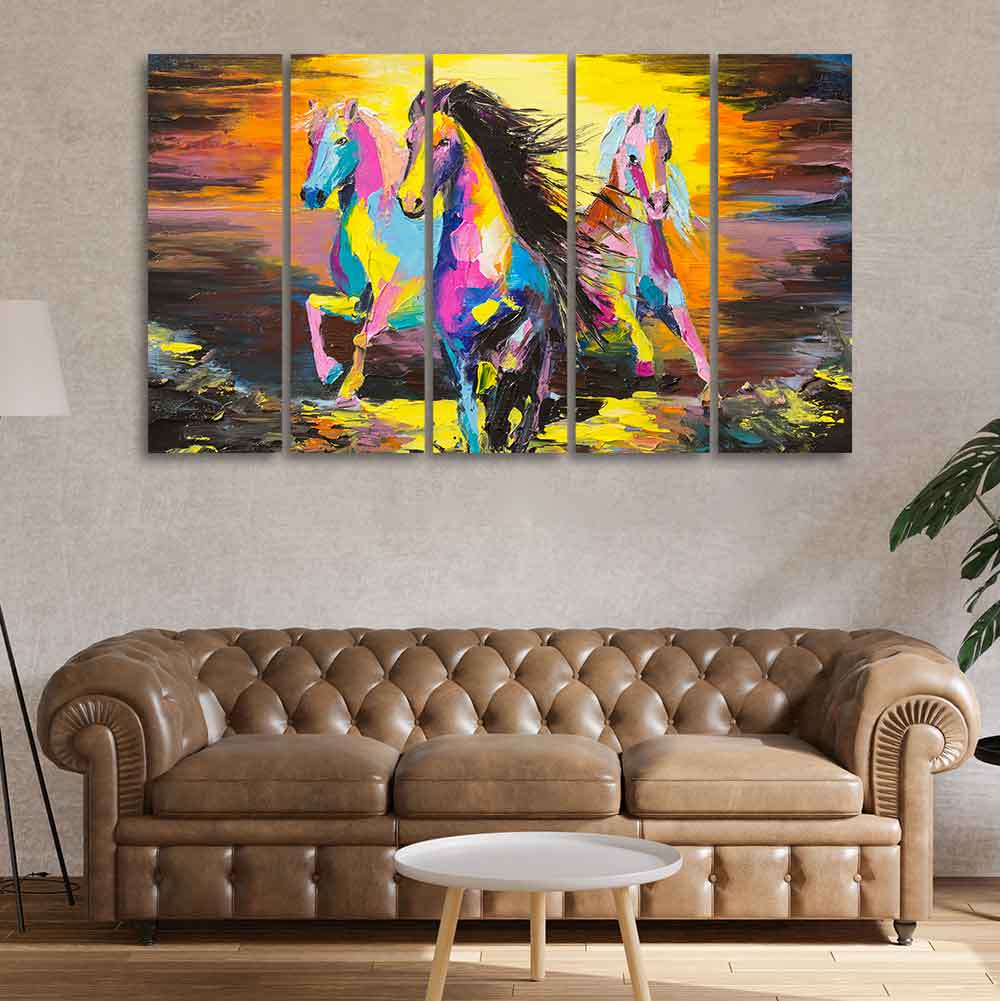 Three Running Horses Abstract Art Canvas Five Pieces Wall Painting