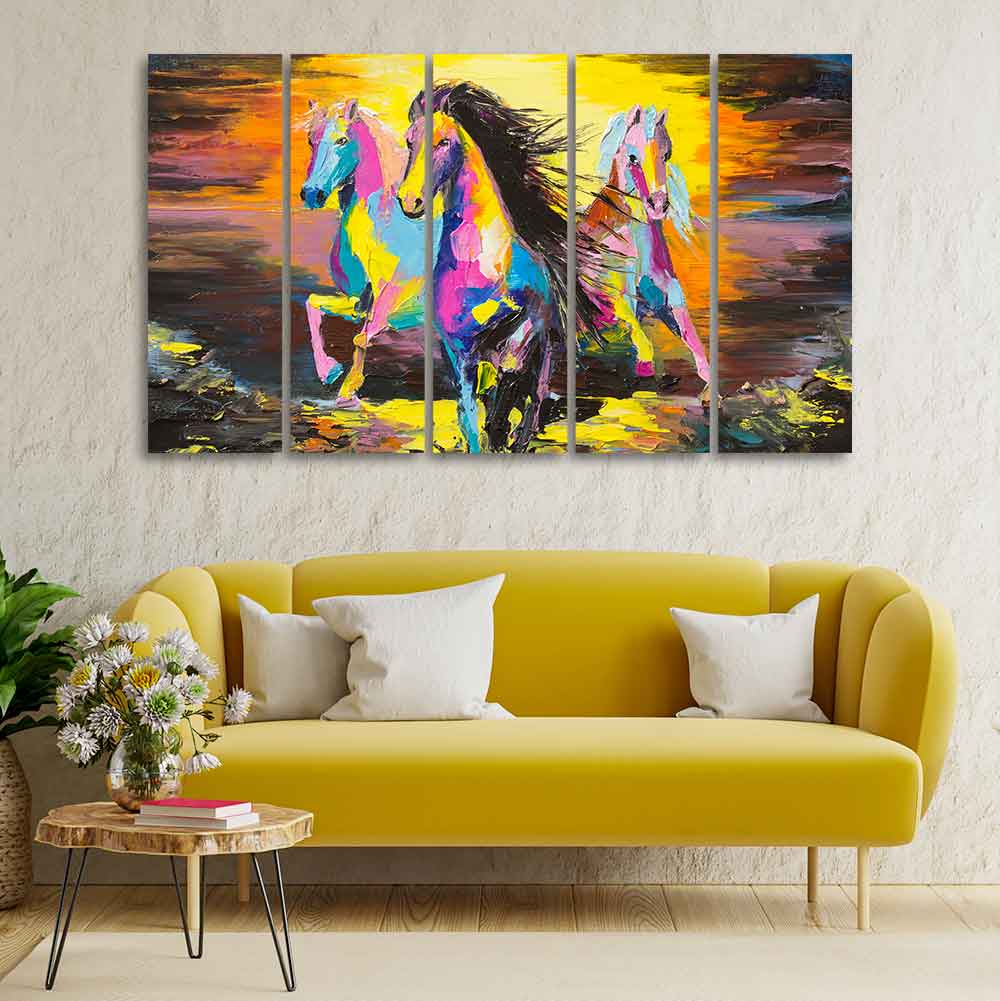Three Running Horses Canvas Five Pieces Wall Painting