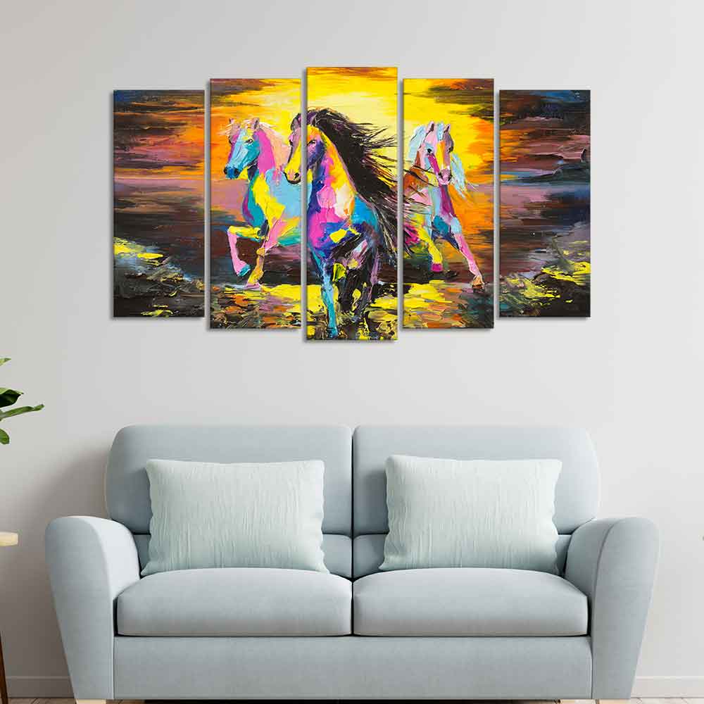 Running Horses Abstract Art Five Pieces Canvas Wall Painting