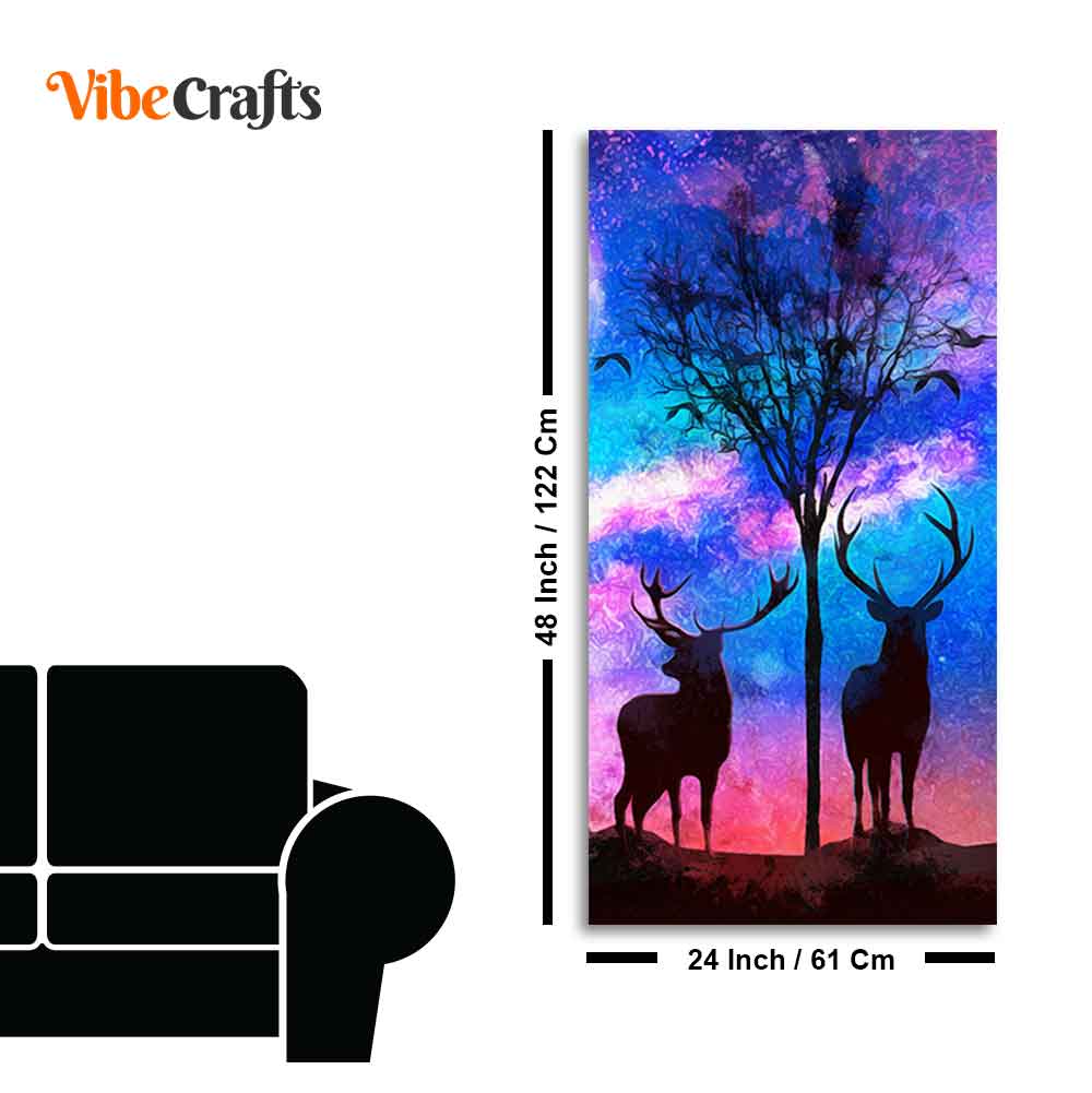 Two Deer in Forest at Night Premium Canvas Wall Painting