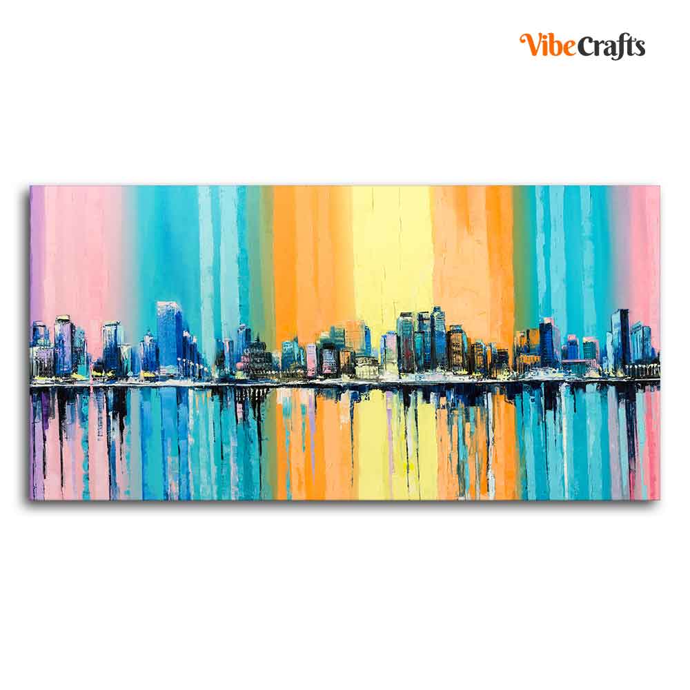 Wall Painting of A Fantasy Coastal city with a Rainbow Background