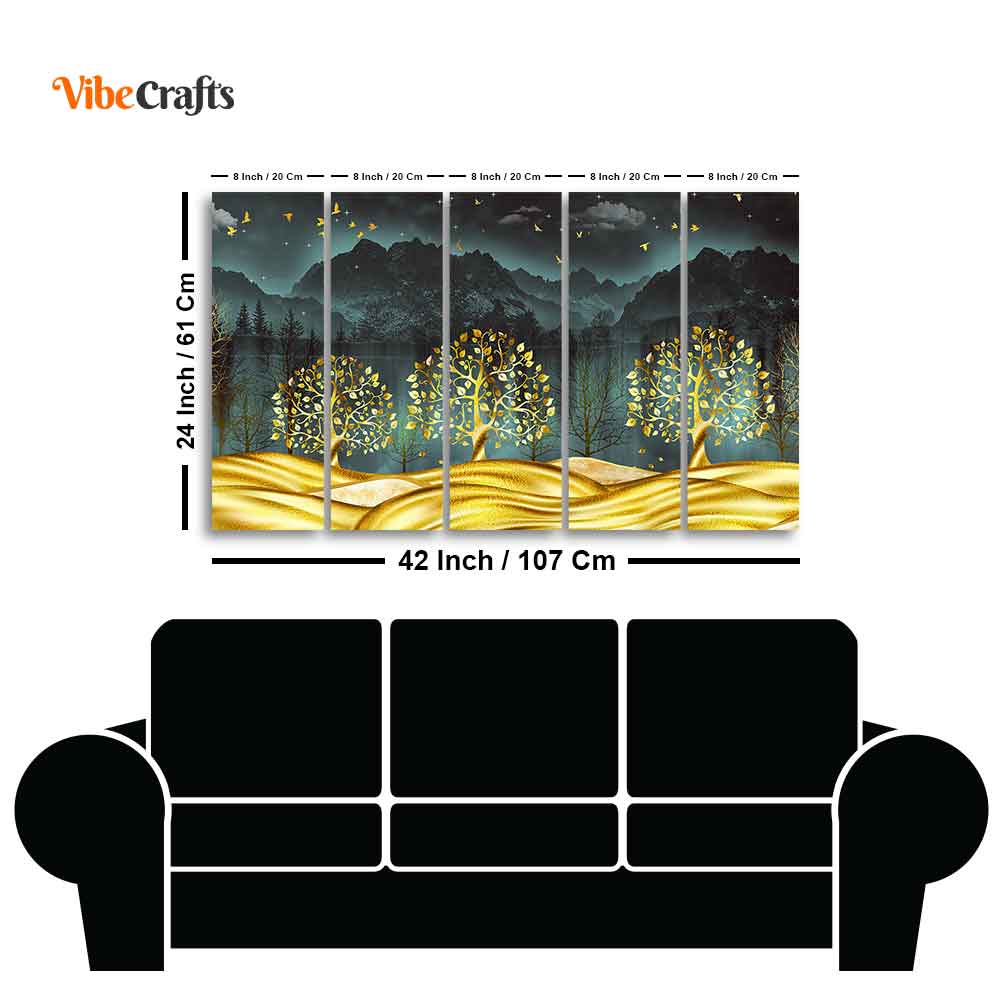 Wall Painting of Golden Trees in Dark Forest of Five Pieces