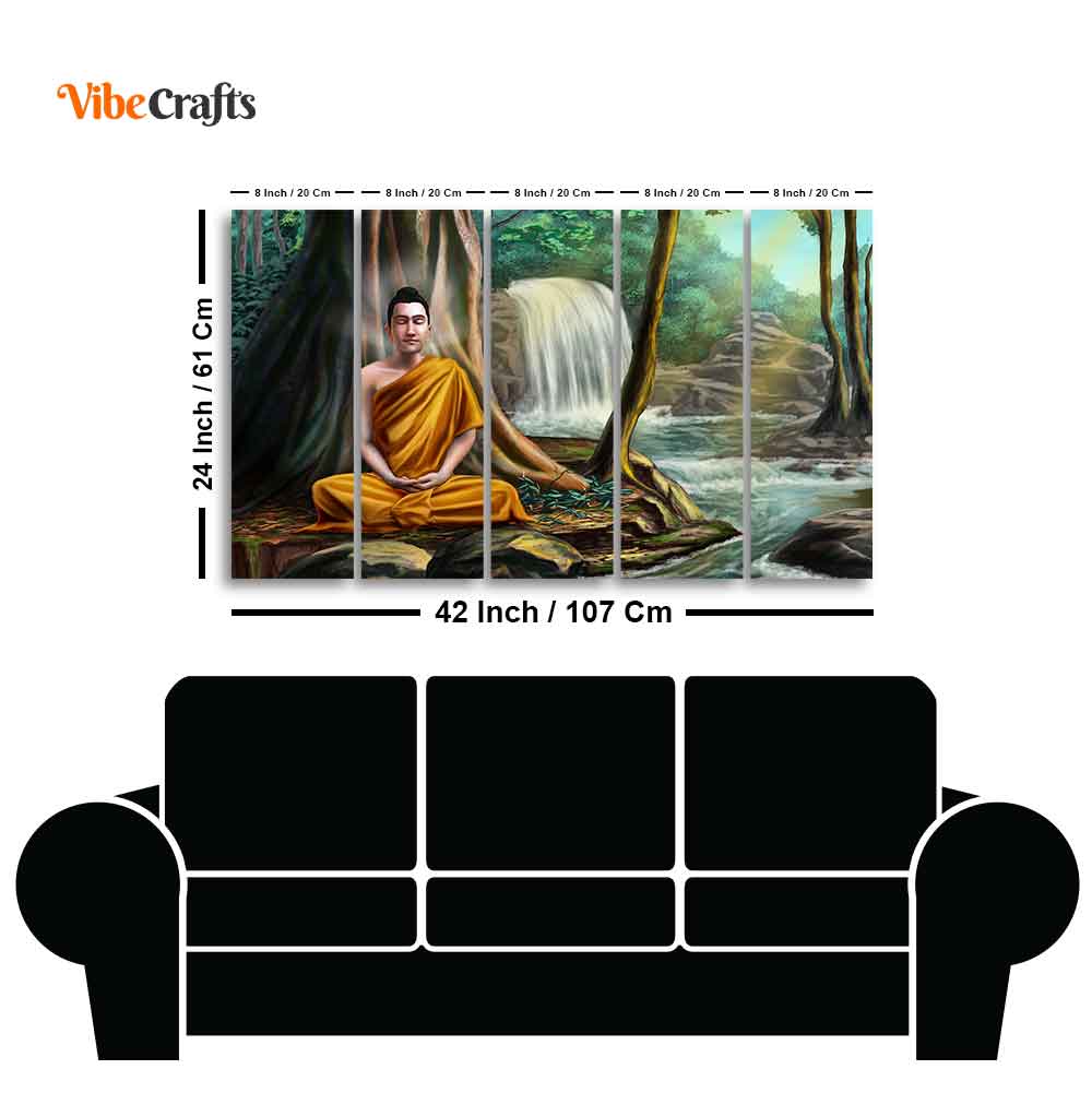 Wall Painting of Lord Buddha with Nature Background Set of Five