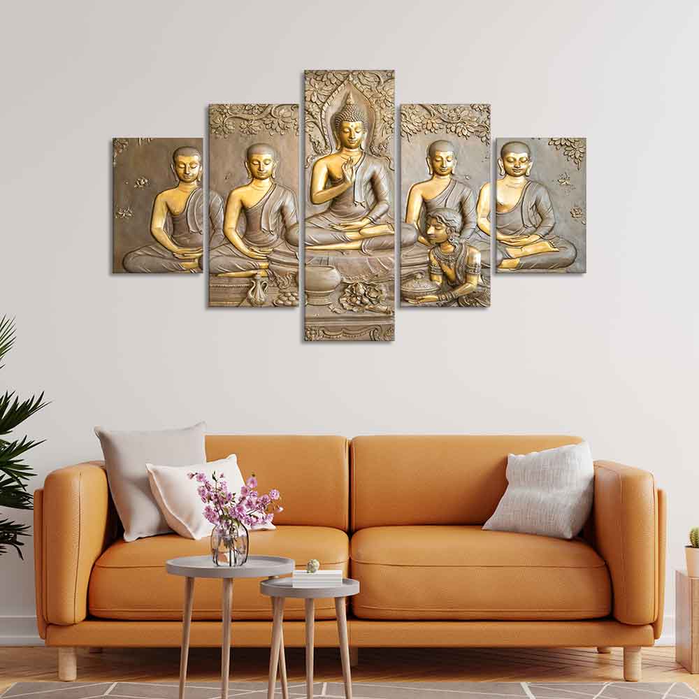 Wall Painting of Lord Buddha 5 Pieces Canvas