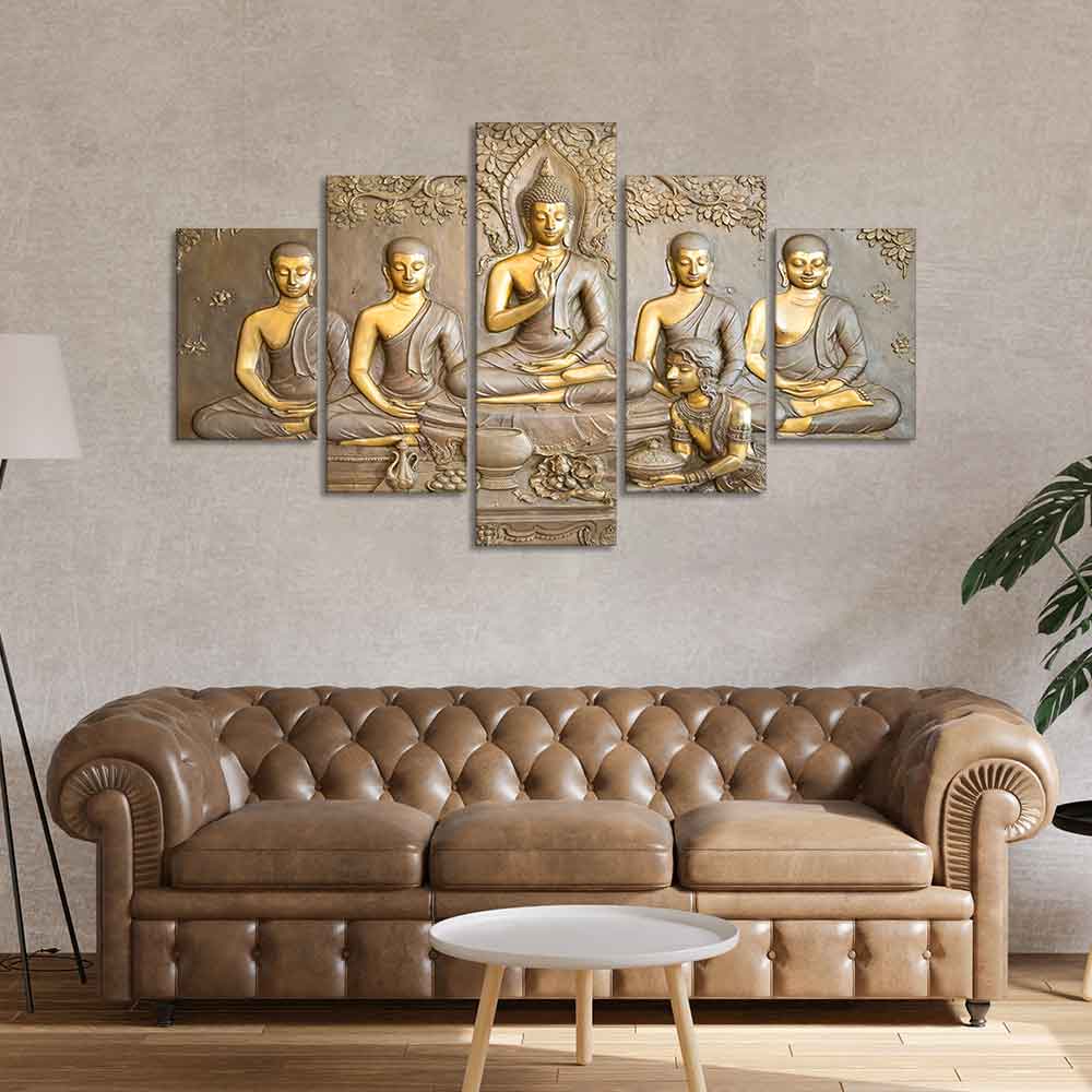 Wall Painting of Lord Buddha in Thailand Temple 5 Pieces Canvas