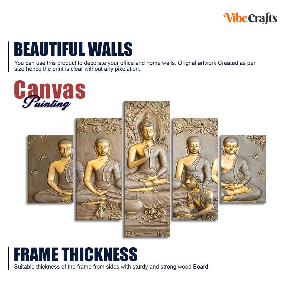 Wall Painting of Lord Buddha in Thailand Temple 5 Pieces Canvas