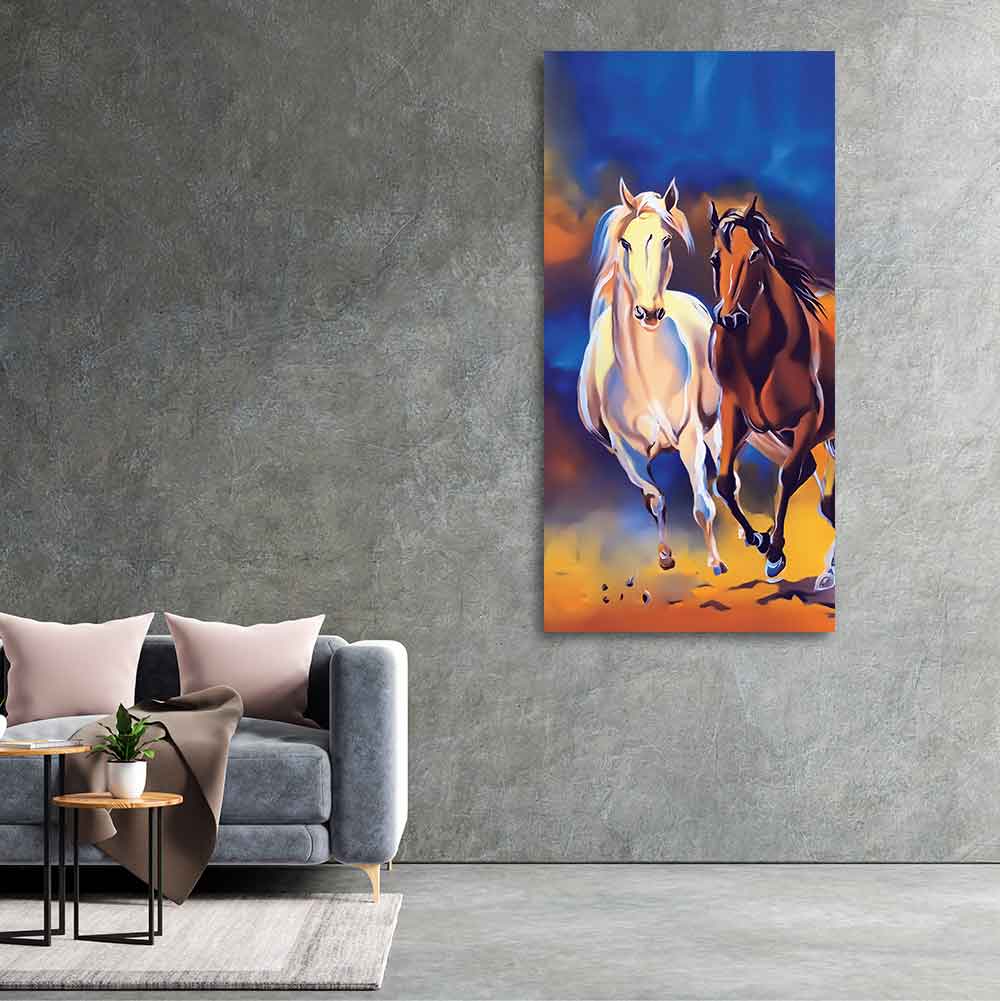 White & Brown Horse Running Canvas Wall Hanging Painting