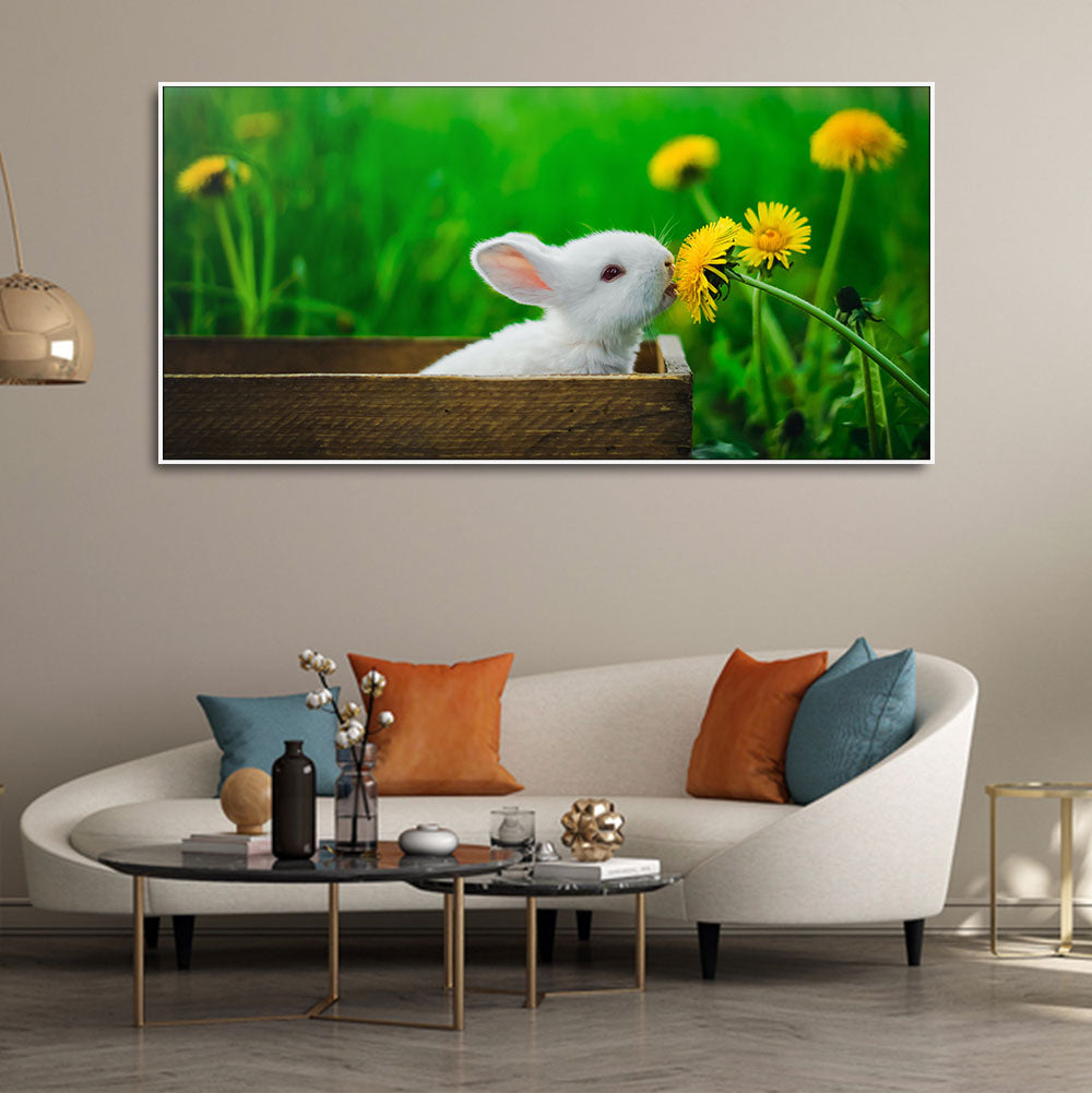 White Bunny in Yellow Flowers Garden Canvas Wall Painting