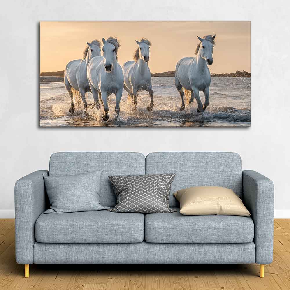 White Horses Galoping in Water Premium Wall Painting