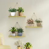 Wooden Wall Hanging Curved Shape Planter Shelf with Rope (Yellow)