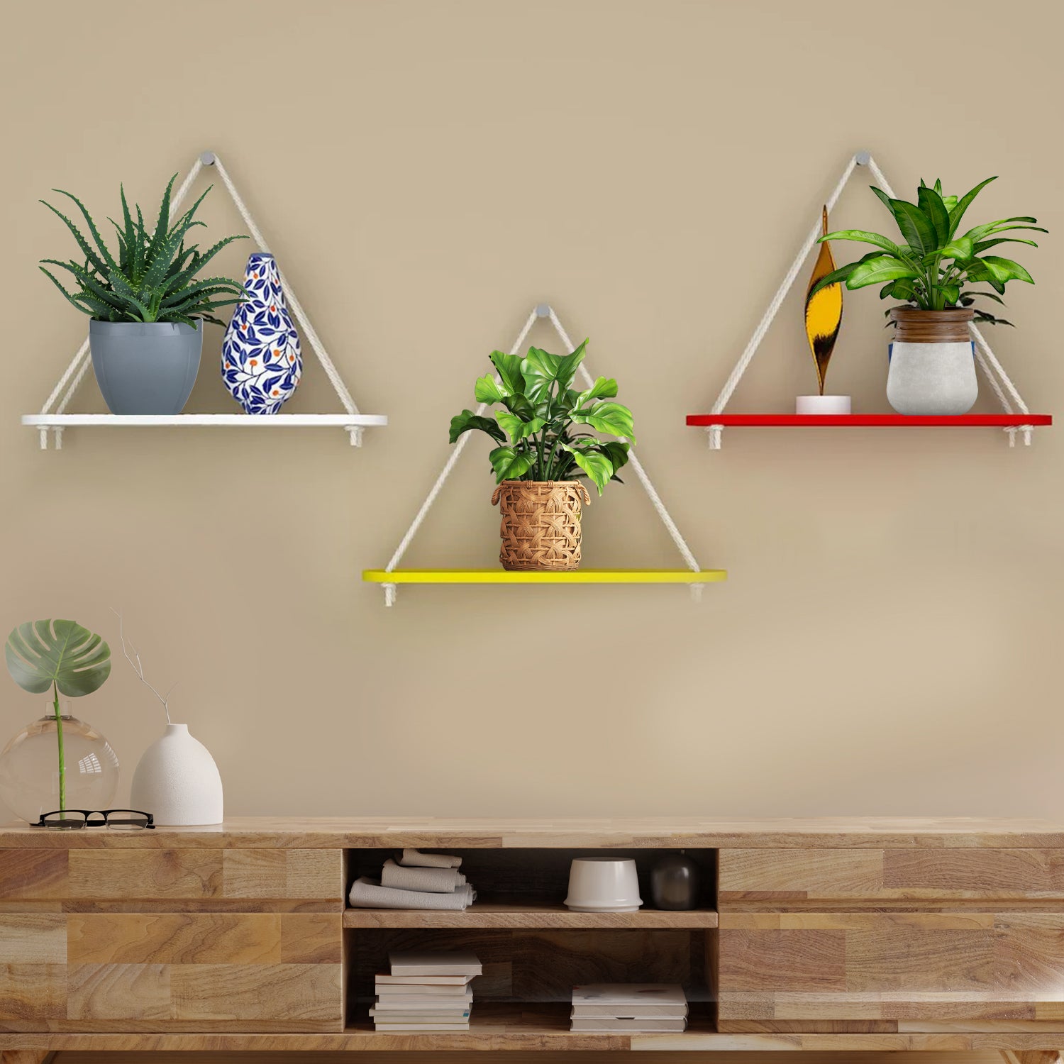 Wooden Wall Hanging Planter Shelf with Rope (Multicolor, Set of 3)