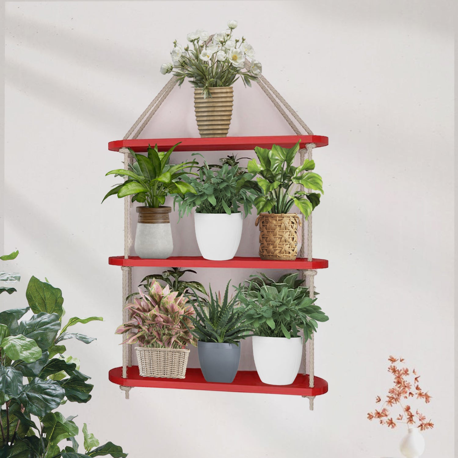 Wooden Wall Hanging Planter Shelf with Rope Three Layer (Red Color)