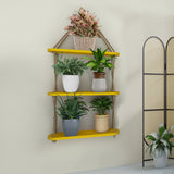 Wooden Wall Hanging Planter Shelf, Cross Rope with Three Layer (Yellow Color)