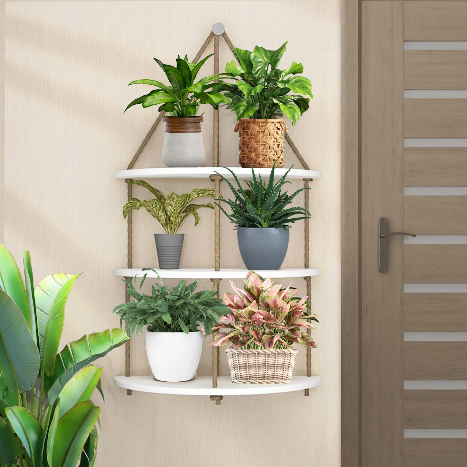 Wooden Wall Hanging Planter Shelf with Rope Three Layers(White)