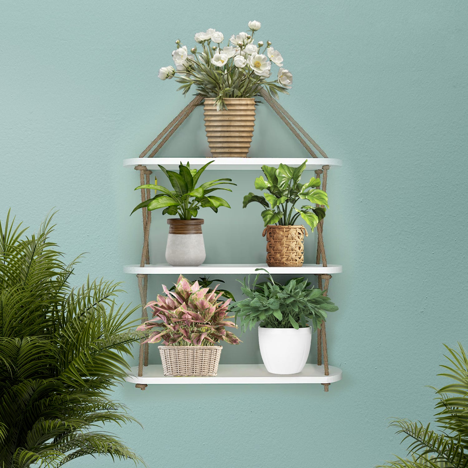 Wooden Wall Hanging Planter Shelf, Cross Rope with Three Layer (White Color)