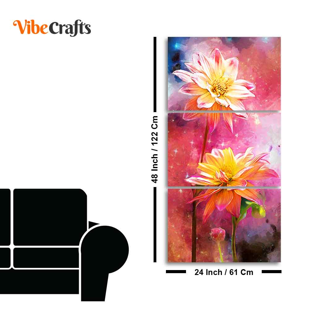 Yellow Flowers on Colorful Galaxy Background 3 Pieces Canvas Wall Painting