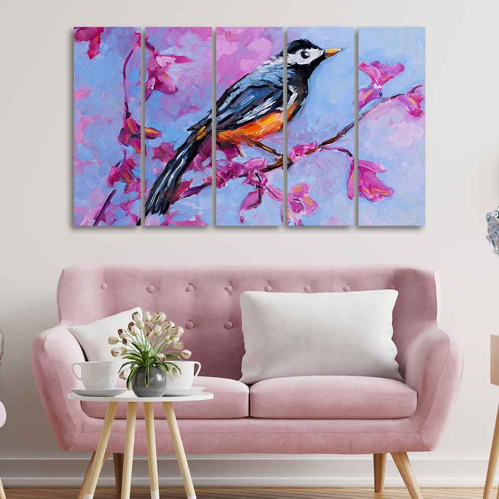 Bird with Nature Abstract Design Five Pieces Wall Painting