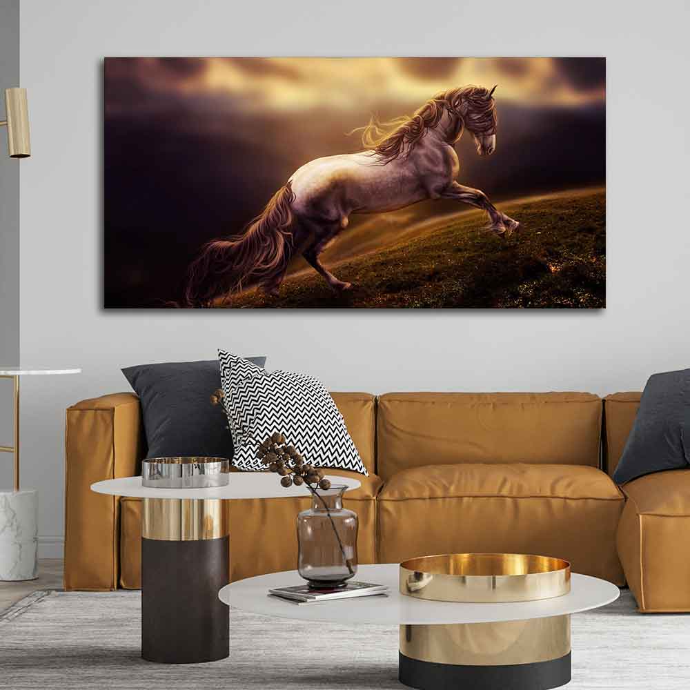 White Horse with Golden Hair Premium Canvas Panoramic Wall Hanging