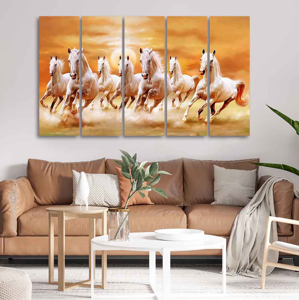 White Running Horses 5 Pieces Canvas Wall Painting